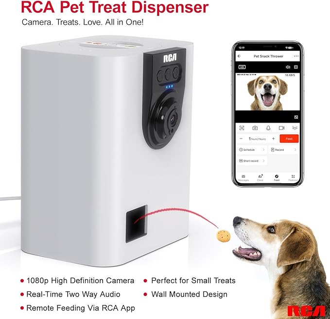 RCA Dog & Cat Smart Camera Treat Dispenser, WiFi-Enabled, 1080p HD Camera, Two-Way Audio, App Control, Compatible with Alexa & Google Assistant – for Small Treats & Kibble