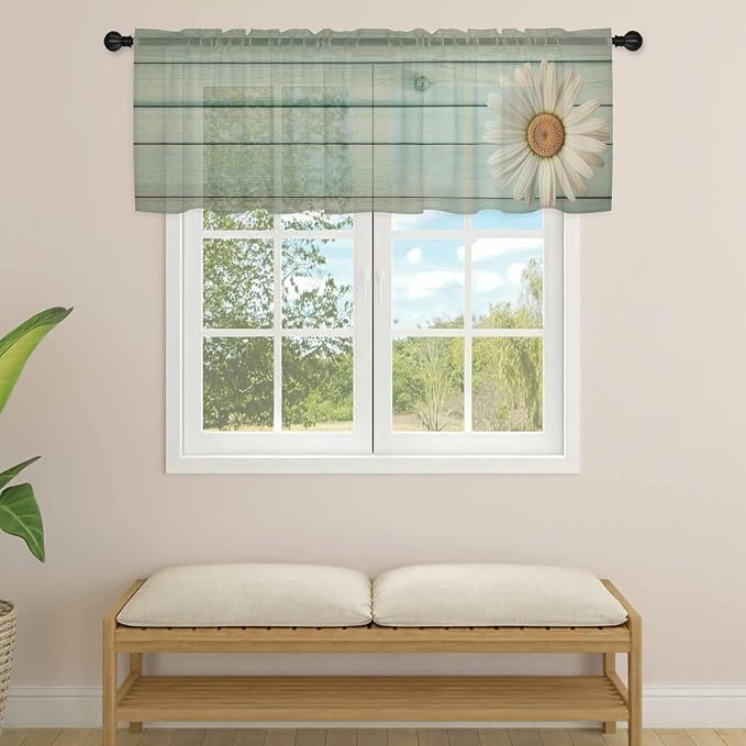 Daisy Flower Sheer Valances for Windows 42"x12", Light Filtering Kitchen