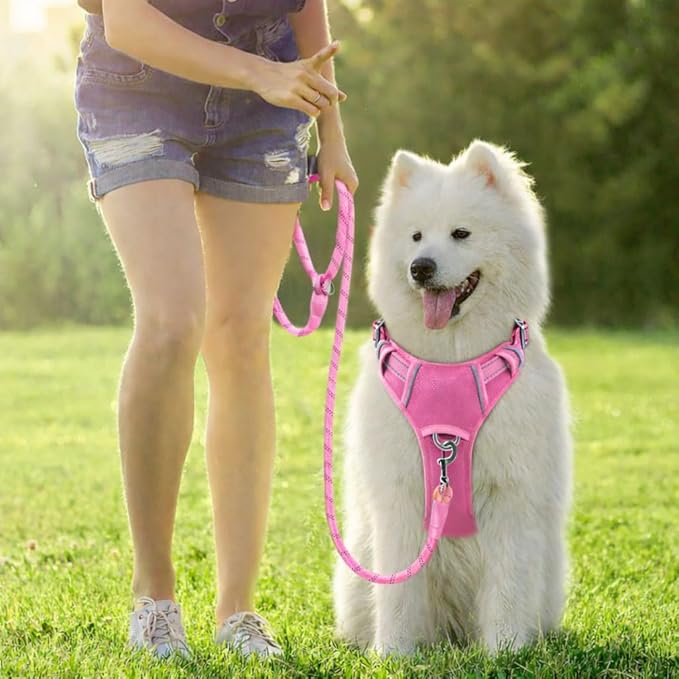 BARKBAY Dog Harness No Pull Oxford with ID Tag Pocket - Heavy Duty, Reflective, Easy Control for Large Dogs(Pink Oxford,L)