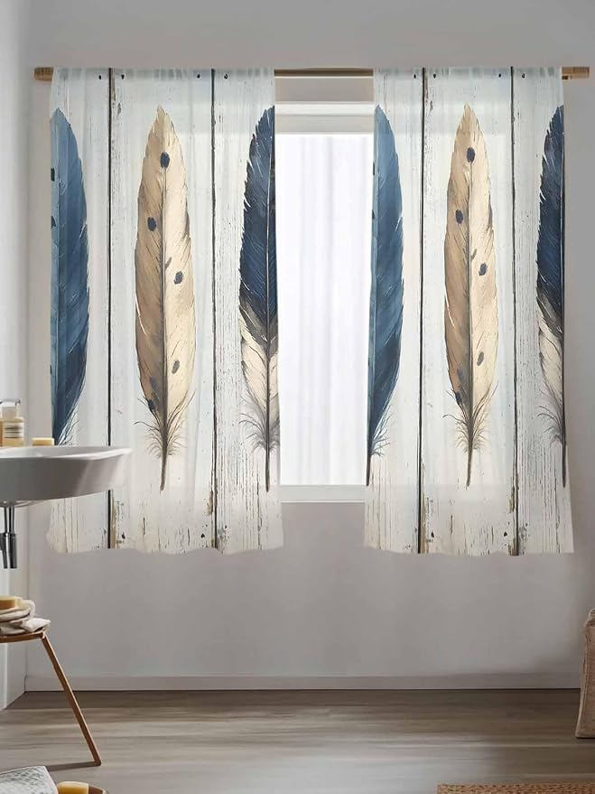 Sheer Curtains 72 Inches Long, Farmhouse Feather Semi Sheer Curtains Light