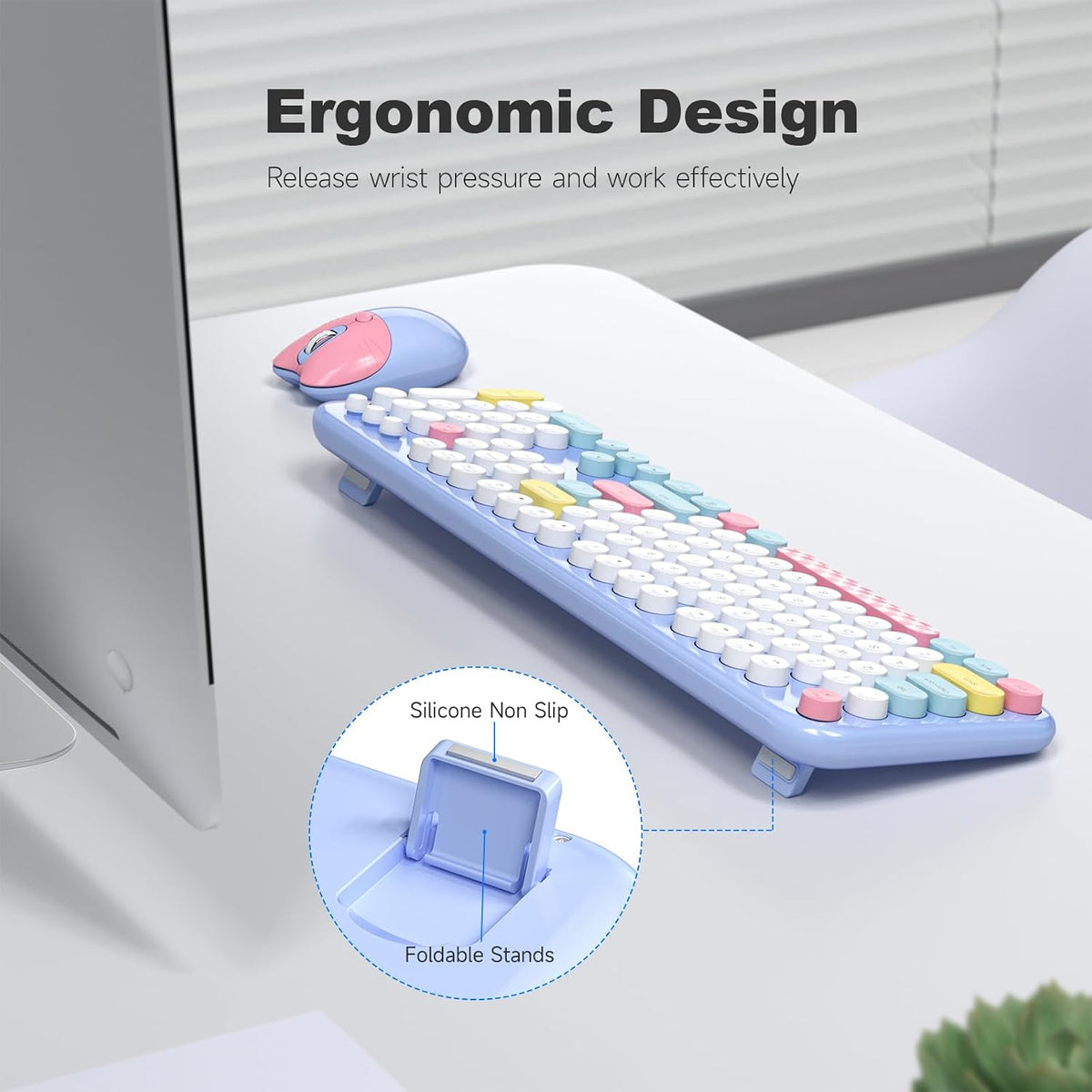 Retro Wireless Keyboard and Mouse Combo, SQMD Full-Size Office Typewriter Keyboard with Round Colorful Keycaps, 2.4G Cute Quiet Mouse for Windows PC, Home, Office, and College - Blue
