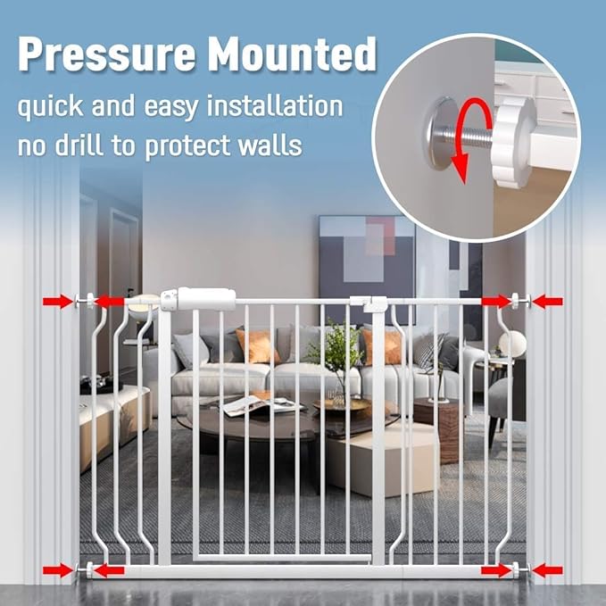 ALLAIBB Extra Wide Pressure Mount Baby Gate Auto Close White Metal Child Dog Pet Safety Gates with Walk Through for Stairs,Doorways,Kitchen and Living Room (62.20-71.26"/158-181cm)