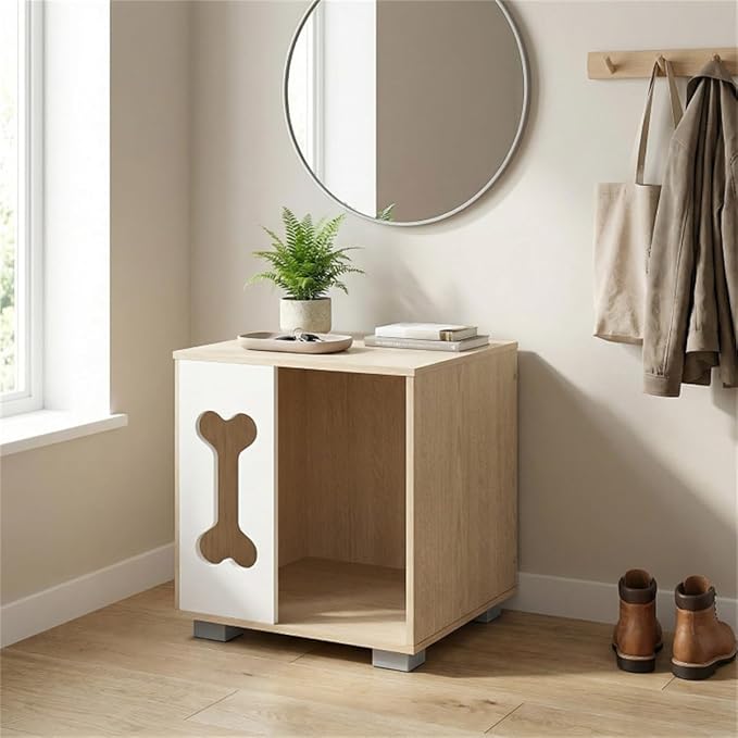 Wooden Dog House Bed & Side Table – Modern Dog Condo with Bone-Shaped Window and Sturdy Metal Legs