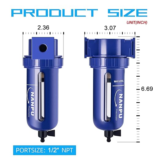 NANPU 1/2" NPT Compressed Air Filter, Zinc Alloy, 5 Micron Brass Element