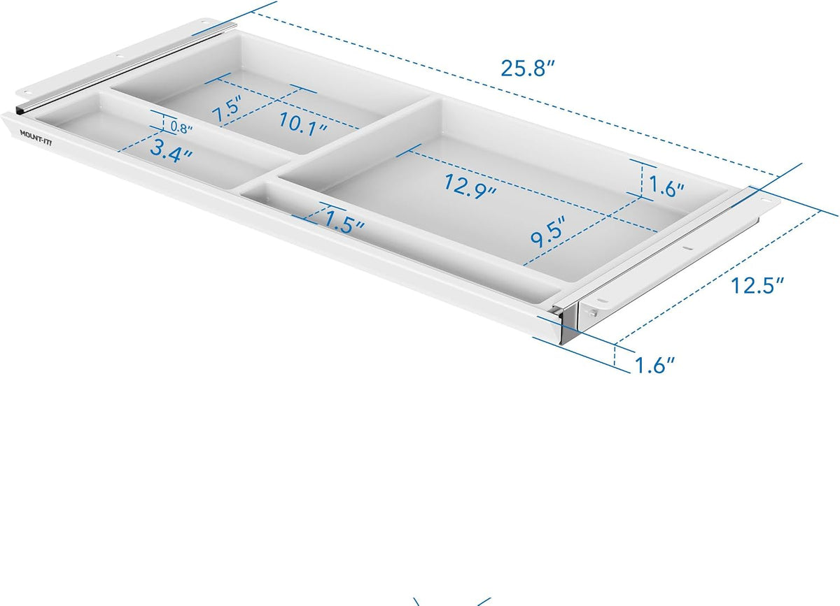 Mount-It! Deep Under Desk Storage Drawer, 4 Compartments, 25.8 in W, White