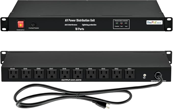 10 NEMA 5-15R Outlet Surge Protector PDU, 120V 15A 3600J 10KA, 1U Rack Mount