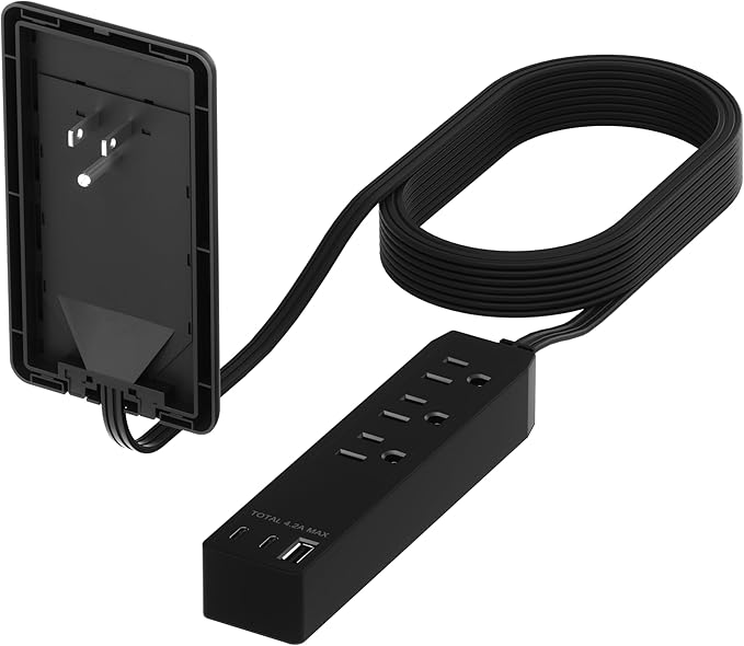 LIDER Outlet Extender with 3 Receptacles, 21W USB Type-A, and 2 USB Type-C, Ultra-Thin Wall Plate Plug with Cord Extender, 3-Outlet Power Strip, Flat-Face, Slim Design, ETL-Listed, 8ft Cord, Black