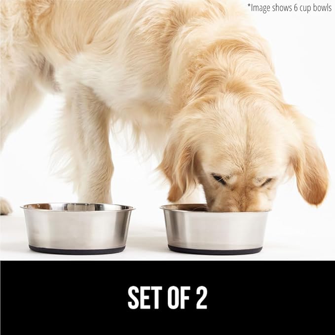 GORILLA GRIP Dog Bowls, Holds 1 Cup Each (8 fl oz), Heavy Duty Stainless Steel Food and Water Bowl for Feeding Dogs and Cats, Dishwasher Safe, Rust Resistant Metal BPA Free Rubber Base, Set of 2 Black