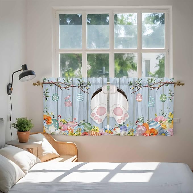 Easter Kitchen Tier Curtains 36 Inch Long 2 Panel Set, Rod Pocket Half Window