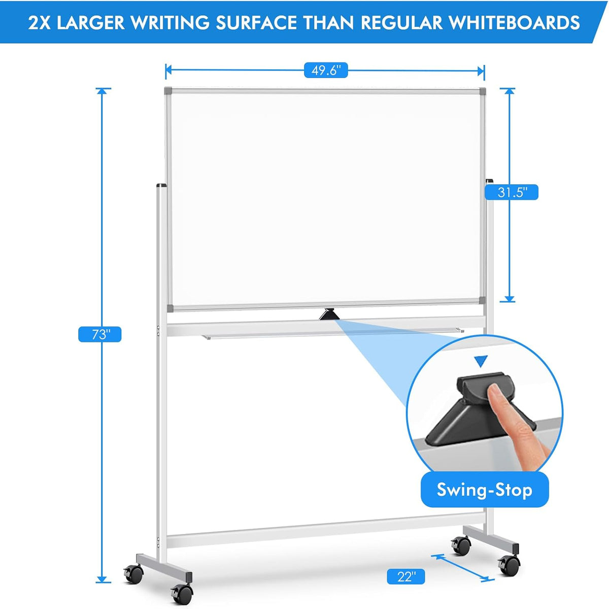 Maxtek Rolling White Board on Wheels 48x32 in, Double-Sided Magnetic Stand