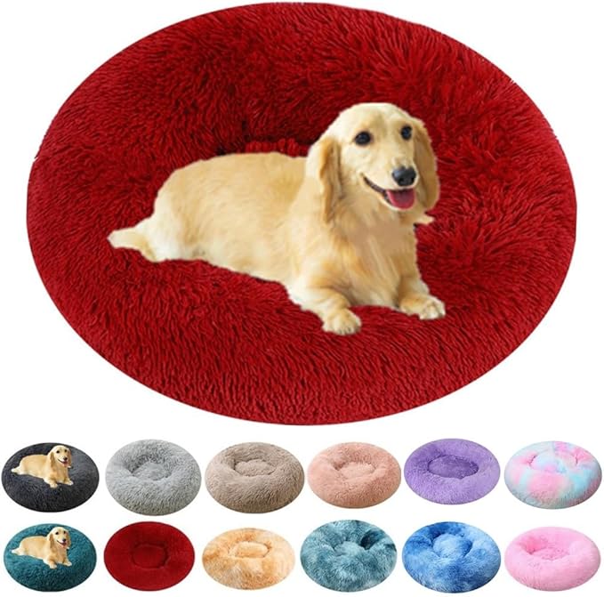Calming Large Dog Bed & Cat Bed, 43 Inch Anti-Anxiety Donut Dog Cuddler Cat Bed, Warming Cozy Soft Dog Round Bed, Fluffy Faux Fur Machine Washable Pet Cushion for Medium Dogs & Cats (Red)