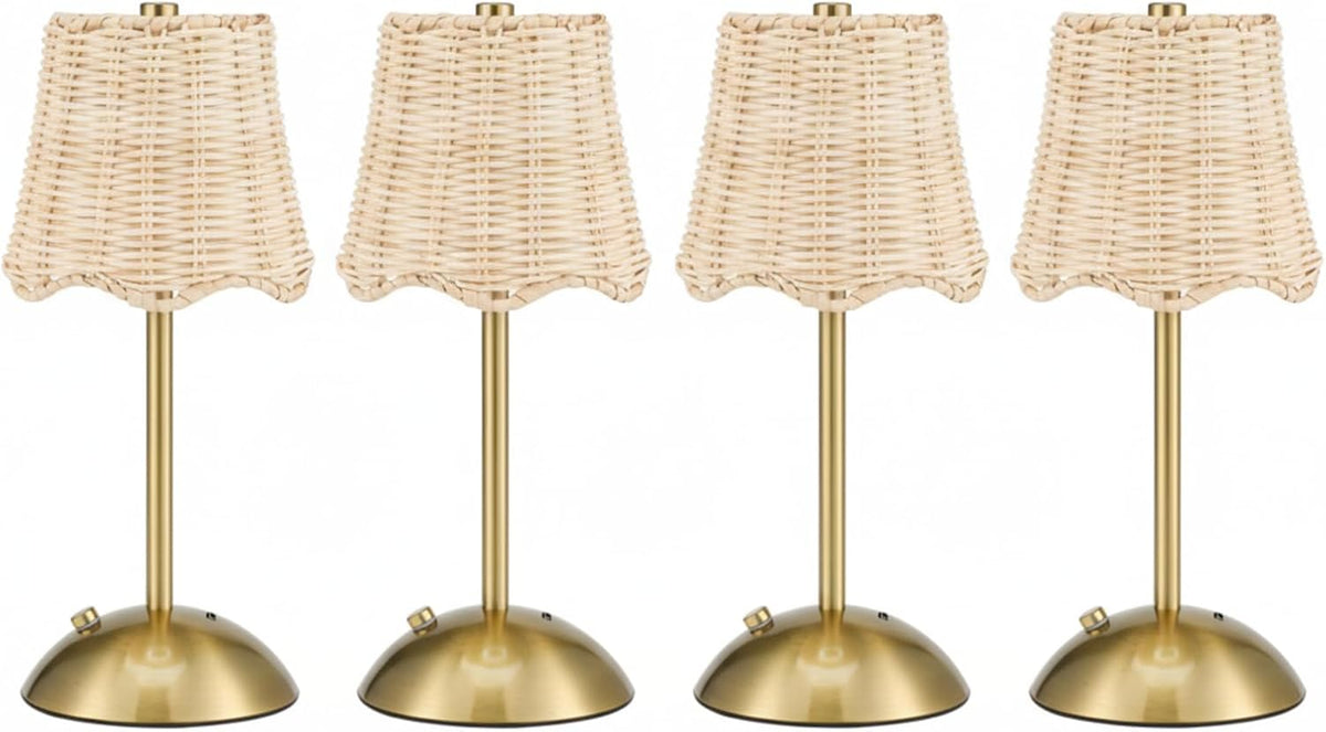 12 Inch Rattan Cordless Table Lamp, Without Bow, Gold, 4 Pack