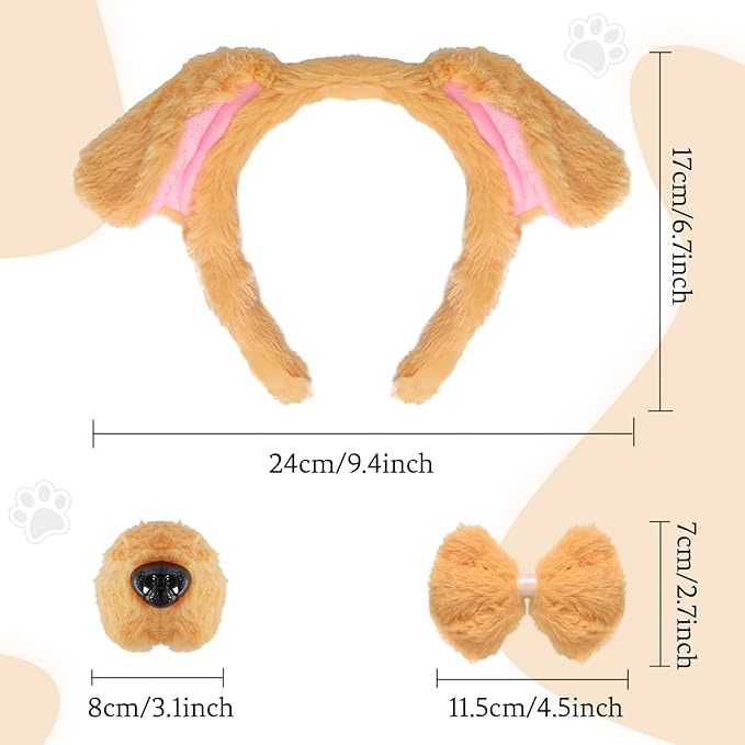 Fumwase Puppy Costume Set Dog Ears Headband Nose Bow Tie Tail Animal Cosplay Party Halloween Costume Accessoies