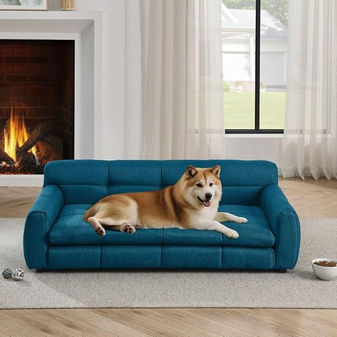 Modern Pet Sofa Bed for Large Dogs Up to 130lbs, Luxurious Living Room Dog Couch with Supportive Backrest and Armrests, Easy-to-Clean Linen Fabric Elevated Pet Furniture