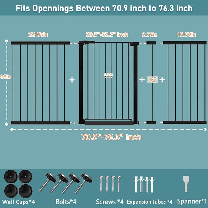 Fairy Baby Extra Tall Baby Gate Stand 38" Tall, 70.9"-76.3" Extra Wide Large Safety Child Gates for Doorway, Metal Auto Close Dog Gate for House, Stair Gates for Kids or Pets No Drilling, Black
