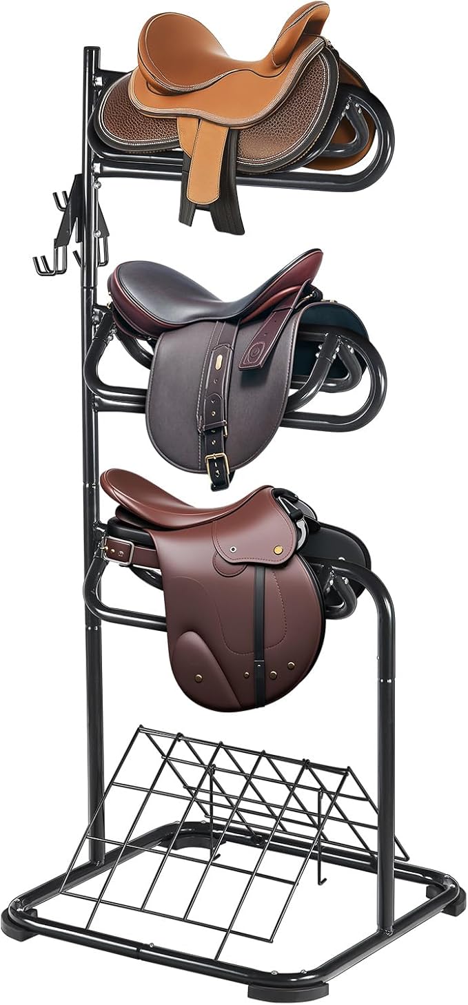 VEVOR Freestanding Saddle Stand, 30 x 30 x 68.5 in, 3 Tiers Saddle Rack, Heavy Duty Saddle Blanket Holder with Removable & Rotating Tiers, English & Western Saddle Rack for Tack Room Organization
