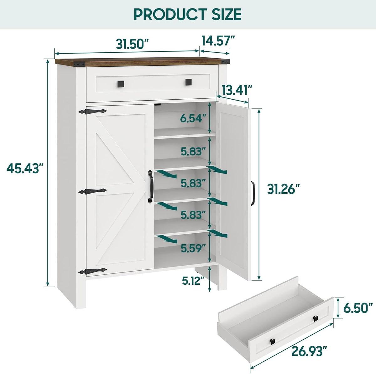 Vabches Shoe Storage Cabinet, 5-Tier Farmhouse Shoe Cabinet with Adjustable Shelves & Drawer, Wooden Shoes Rack Cabinets Storage Organizer with Doors for Entryway, Hallway, Closet, Living Room, White
