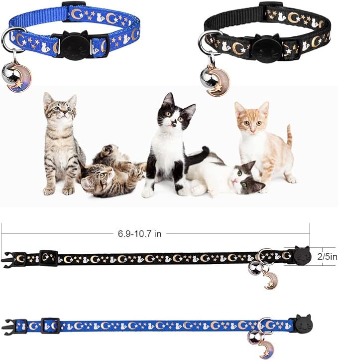 Baeuppit 2PCS Breakaway Cat Collars with Bell Moons Stars Cute Kitty Adjustable Safe Kitten Collars with Pendant Glow in The Dark(Black&Blue)