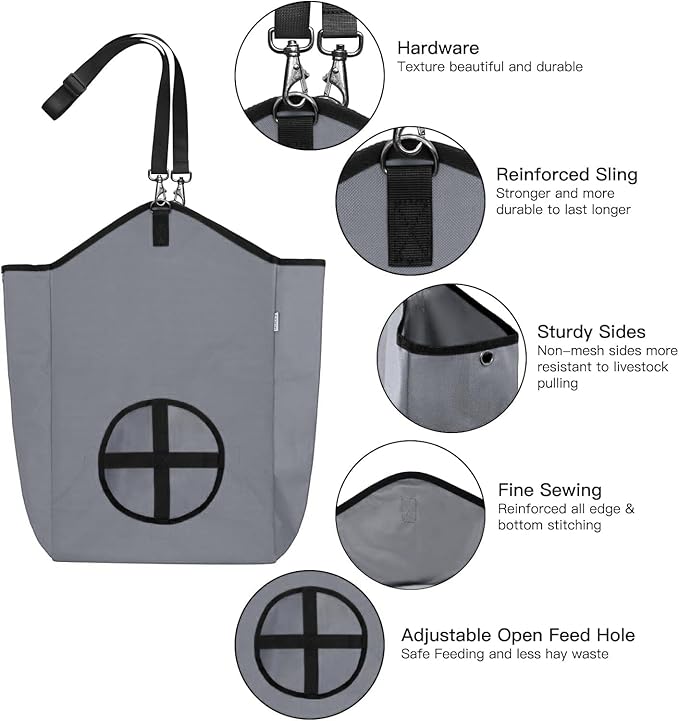 Goat Hay Feeder,Hay Bags for Goats,Horses,Sheep,Premium 600D Oxford Cloth,with Metal Fastener and Adjustable Open Feed Hole for Slow Feeding,Easy to Fill and Hang with Large Opening