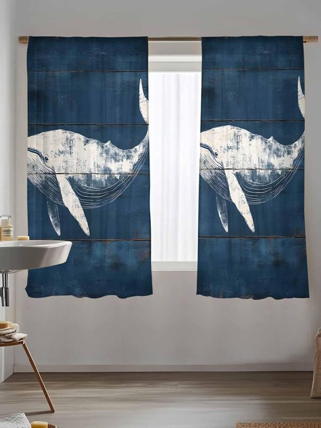 Sheer Curtains 63 Inch Length, Summer Whale Semi Sheer Curtains Light Filtering