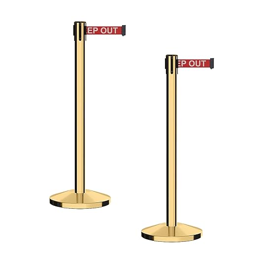 CCW Series RBB-100 - Set of 2 Stanchion Retractable Belt Barriers (7.5 Foot Belt, Red with"Danger - Keep Out" White Letters Belt with Polished Brass Post)