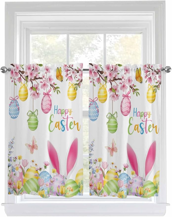 Happy Easter Kitchen Curtains 45 Inches length, Spring Watercolor Bunny Eggs