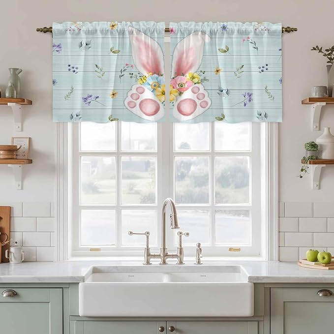 Easter Kitchen Tier Curtains 36 Inch Long 2 Panel Set, Rod Pocket Half Window