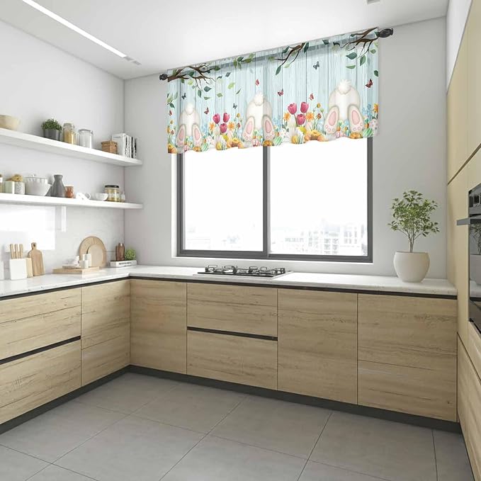 Easter Sheer Valances for Windows 42"x18", Light Filtering Kitchen Curtains