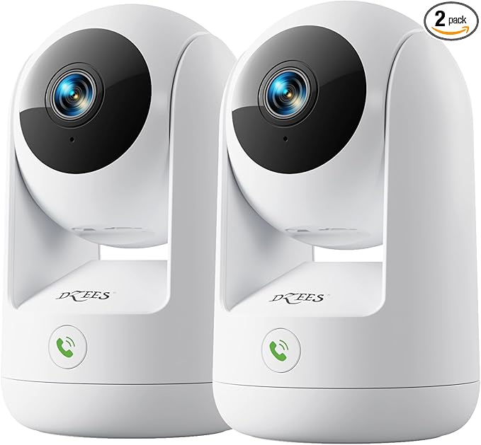 Dzees 2K Indoor Security Camera 2 Pack, 360 Degree WiFi Pet Camera with Phone App, 5G and 2.4G, Wired Home Camera with 2-Way Audio, Motion Tracking, Night Vision, White