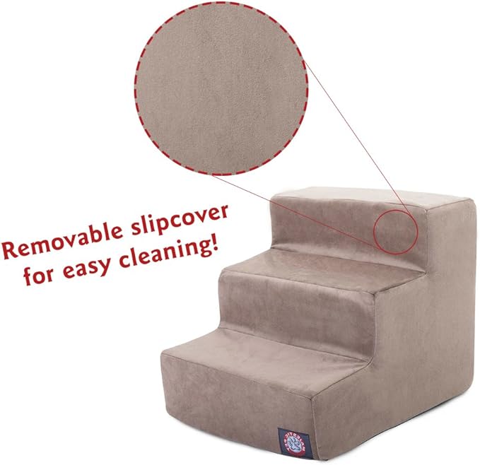 Majestic Pet 3 Step Portable Dog Stairs for Small Dogs to get on Bed Supports 250 lbs or Less – Dog Steps for High Bed with Machine Washable Cover –Pet Stairs for Cats Suede Stone