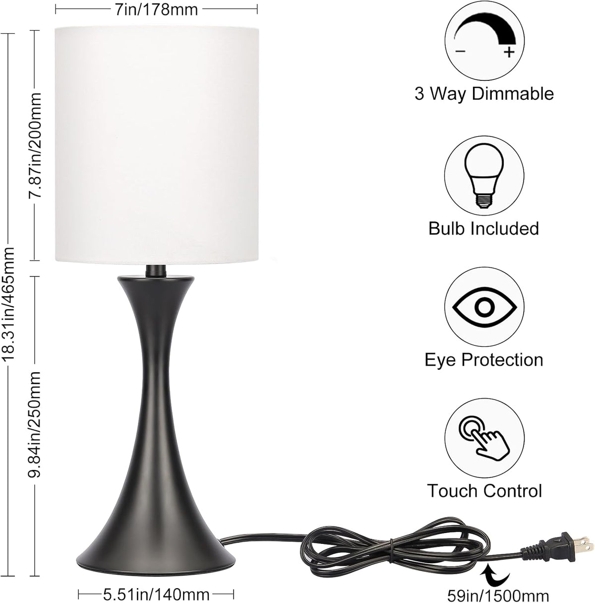 Seaside village 3 Way Touch Control Table Lamp, Modern Bedside Lamp for Bedroom, Dimmable Black Nightstand Lamp White Shade Desk Reading Light for Living Room Office Dorm, 3000K LED Bulb Included