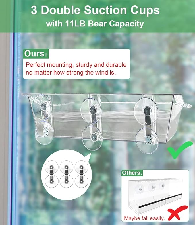 Clear Window Mounted Bird Feeder Bath with Strong Suction Cups for Outside, Transparent Glass Birdfeeder Birdbath for Cats, Kids, Elderly Viewing, 1 Pack