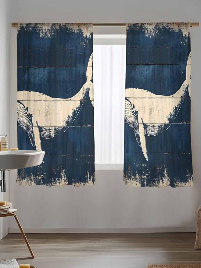 Sheer Curtains 63 Inch Length, Ocean Whale Blue Semi Sheer Curtains Light
