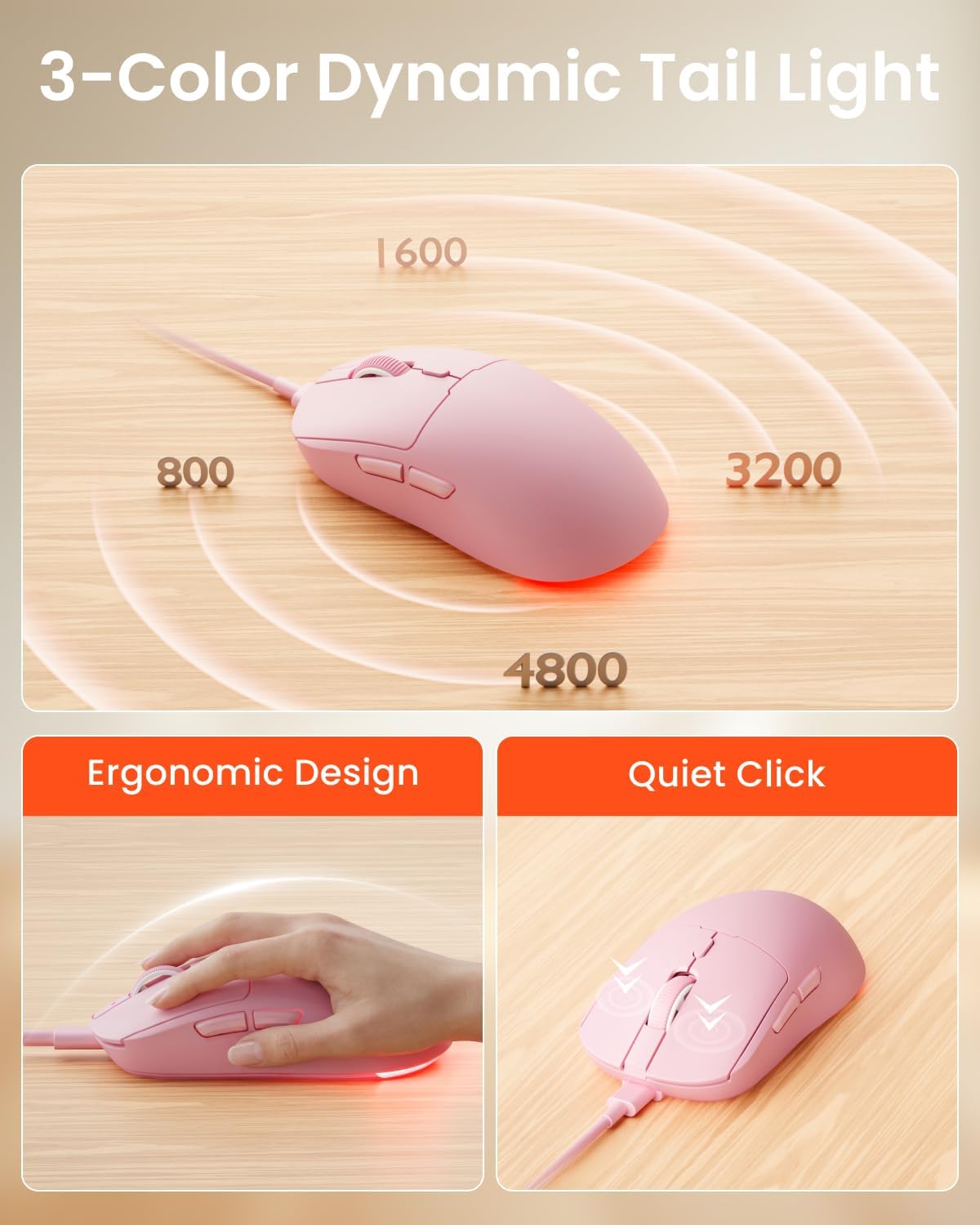 EWEADN Wired Keyboard and Mouse Combo with Detachable Wrist Rest - Pink