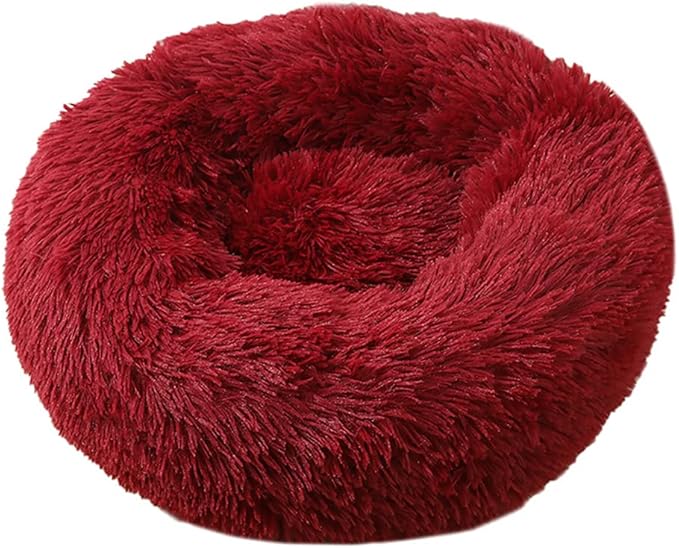 Calming Faux Fur Dog Beds Calming Donut Cuddler Dog Bed Washable Round Cat Bed Pillow Cuddler Fluffy Indoor Dog Calming Beds with Anti Slip Bottom Solid Color Dark Red 16 Inch