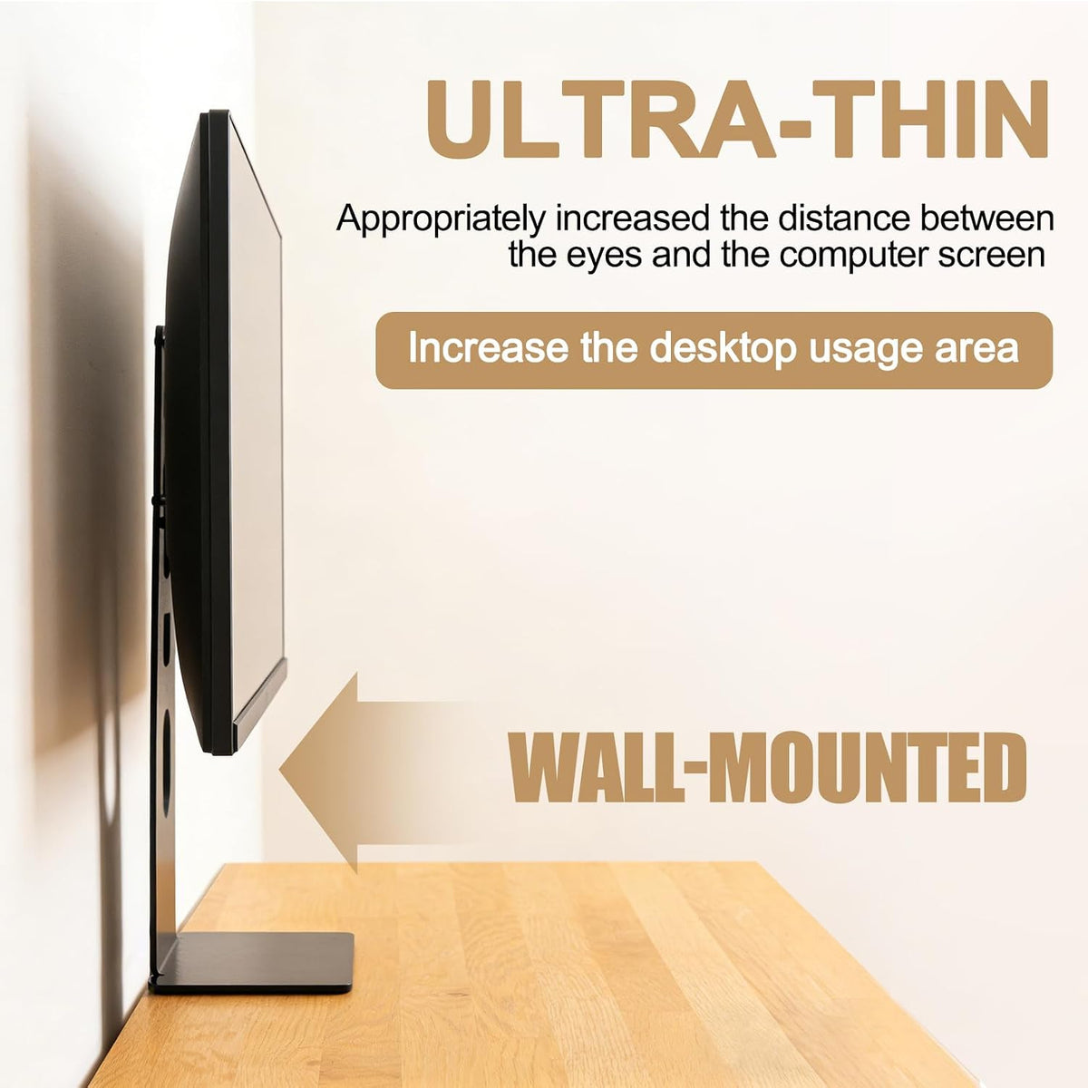 Universal Low Profile Single Screen Computer Desktop Gaming Monitor Replacement Stand, Vertical Mount Compatible with ≤34 Inch VESA 75/100, Power Port Downward or Horizontal Out