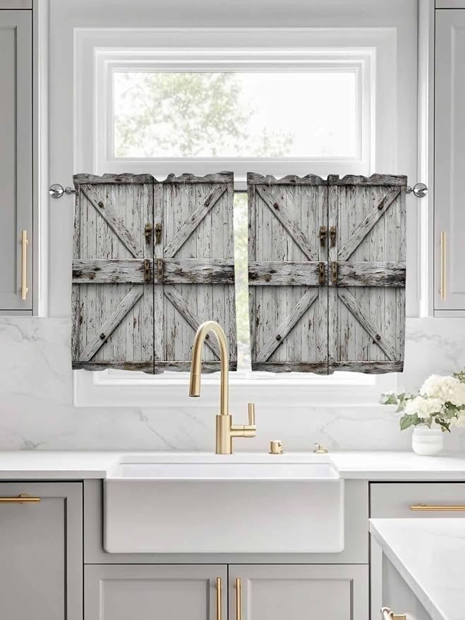 Vintage Gate Half Window Curtain 36 Inches Long, Farmhouse Wooden Grain Shabby