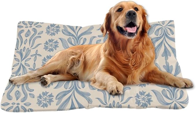 Vintage Blue Floral Small Dog Bed for Crate Crate Mat for Dogs Kennel Pads Crates Washable Dog Bedding Washable Non-Slip Bed Small Puppy Outdoor Mat Dogs Products Indoor Outdoor 24X18 Inch