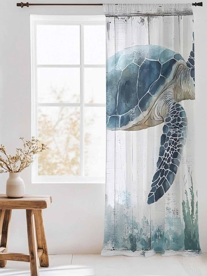 Sheer Curtains 84 Inches Long, Sea Turtle Teal Blue Semi Sheer Curtains Light