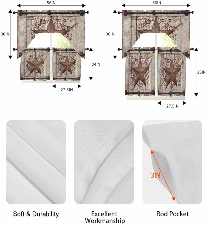 Country Star Swag Kitchen Curtains Valance and Tier Set, VintageRust Yellow