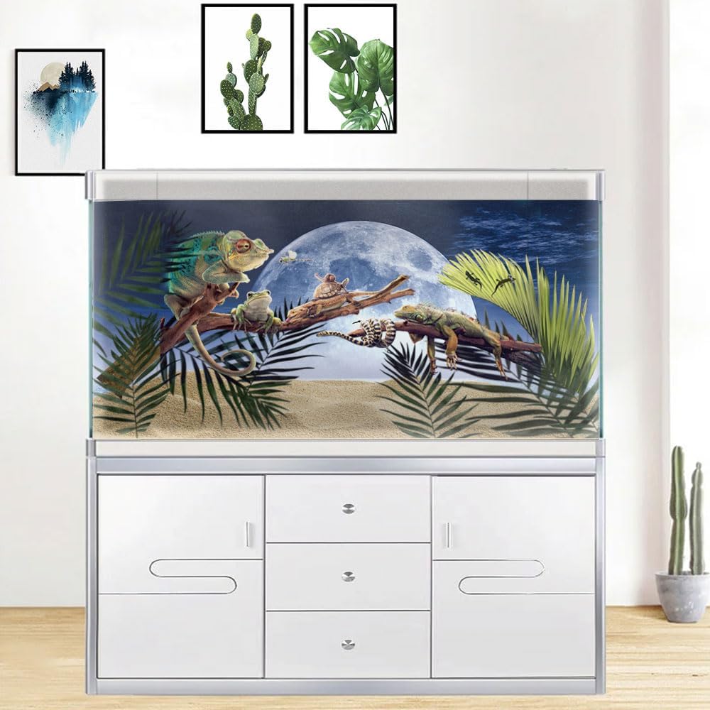 Moon Aquarium Background,Cool Sea Galaxy Parallel Space Themed Fish Tank Background, Cool Terrarium Background 48X18IN with 8 EVA Double-Sided Tape