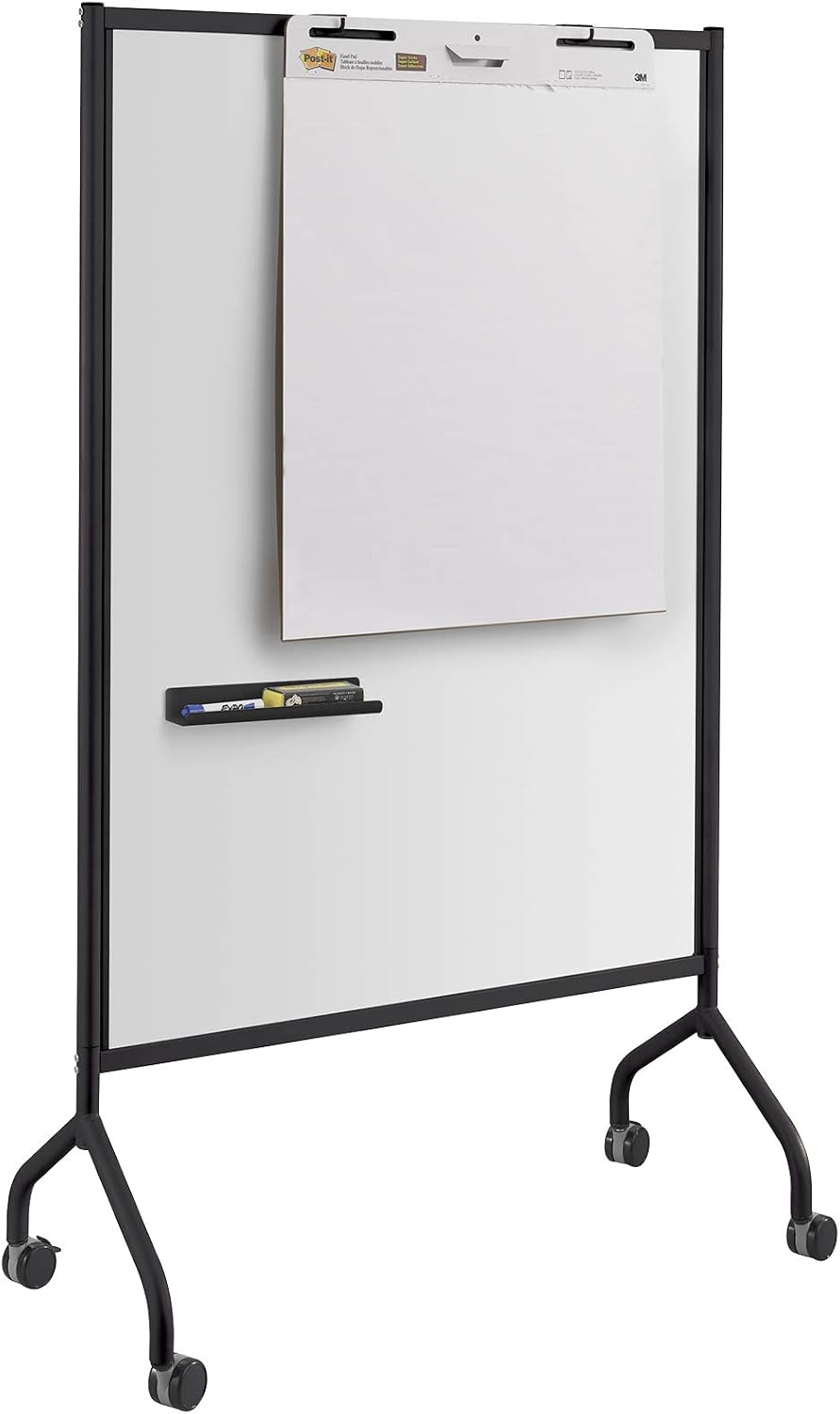 Safco Products Impromptu Full Collaboration Whiteboard Screen 8511BL, Black, 42"W x 72"H, Double-Sided Magnetic Dry Erase Board, Commercial-Grade Steel Frame, Swivel Wheels, Accessory Shelf