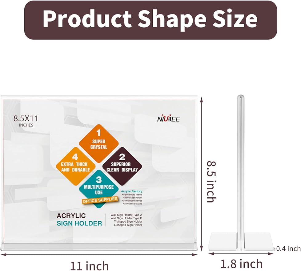 NIUBEE Acrylic Sign Holder 8.5x11 Inches 6 Pack Horizontal, T Shape Double Sided Clear Frames, Plastic Paper Flyer Display Holder, Document Menu Table Stand for Office, Store -Landscape