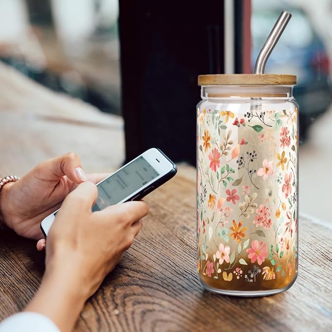 Floral Iced Glass Cups with Bamboo Lids and Straws 16oz Wildflower Coffee Cup