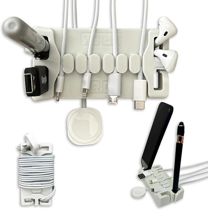 DeskBrick – Patented Non-Slip Steel-Weighted Desk Organizer & Cable Management Gadget, Versatile Cord, Phone & Accessory Holder for Office, Home & Desktop – Best Gift for Men. Light Gray