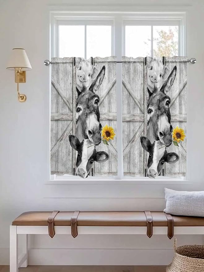 Grey Farmhouse Tier Curtains 45 Inches Long, Vintage Sunflowers Animals Printed