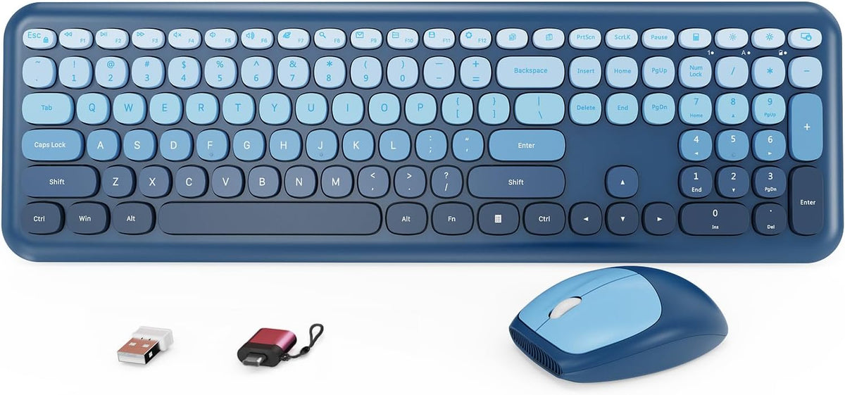 HotFox Blue Wireless Keyboard and Mouse Combo, Retro Typewriter Keyboard