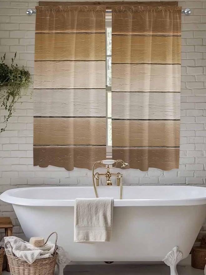 Vintage Brown Gradient Wood Grain Window Valance Curtains, Farmhouse Wood Barn