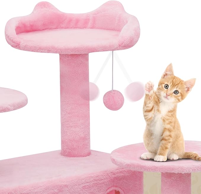 Athena Collection 70 Inch Cat Tree for Indoor Cats, Multi-Level Activity Center with 2 Condos, Scratching Post & Dangling Ball, Tall Climbing Tower, Pink