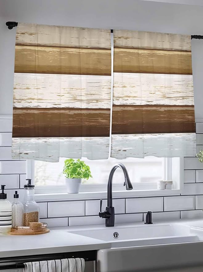 Sheer Curtains 45 Inch Length, Wood Grain Brown Semi Sheer Curtains Light